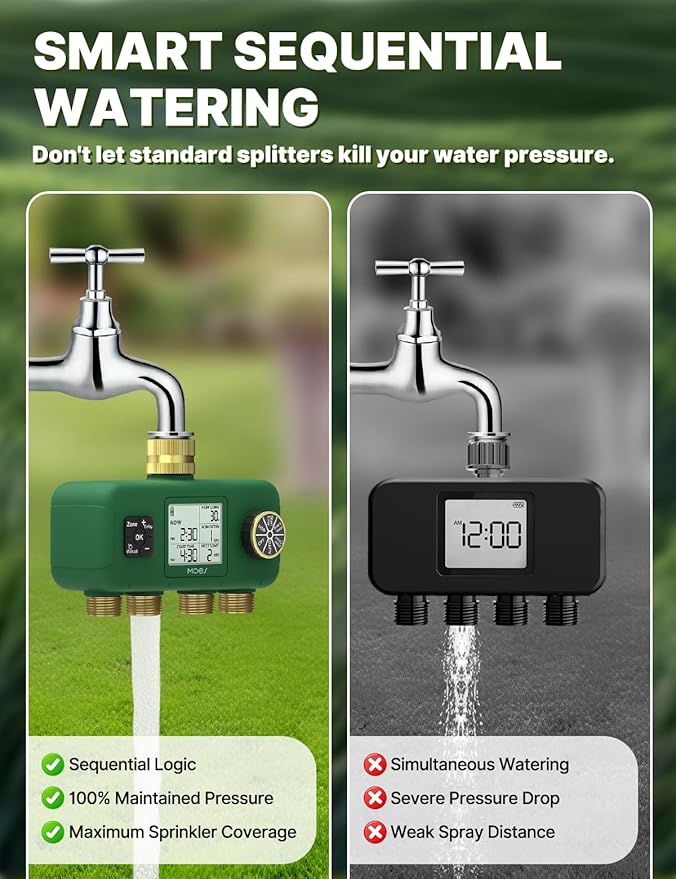 MOES 4 Zone Water Timer for Garden Hose, Heavy Duty Solid Brass Inlet & Outlets, Programmable Sprinkler Timer Battery Operated, 4 Way Faucet Valve with Sequential Watering (Non-WiFi)
