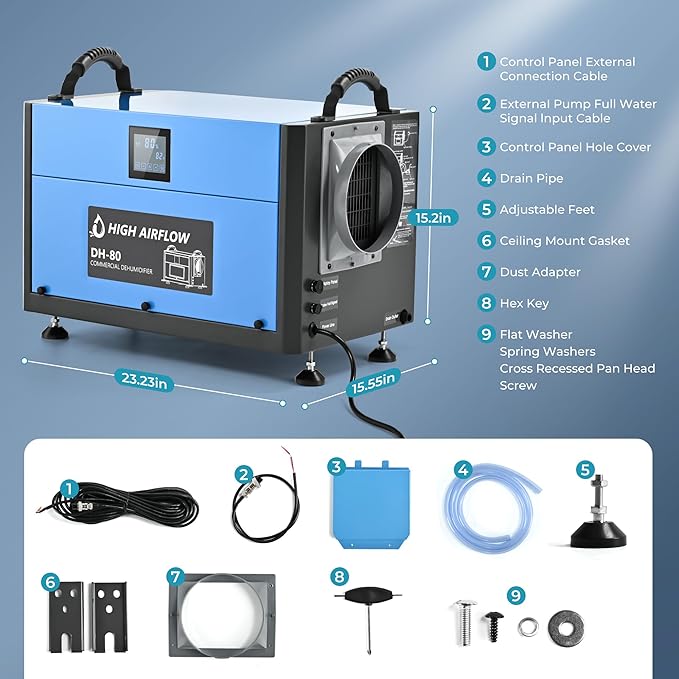 EUHOMY 7000 Sq.Ft Dehumidifier for Basement & Crawl Space, 160 Pint High Capacity Commercial Dehumidifier with Drain Hose, Auto Dehumidification, Timer Function