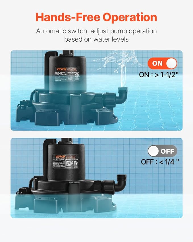 VEVOR Automatic Pool Cover Pump, 1/2 HP 1600 GPH, 120V Submersible Swimming Pool Cover Pump with 25 ft Power Cord, 25 ft Max Head Lift, Water Removal and Transfer Pump, for Pool Draining Hot Tubs