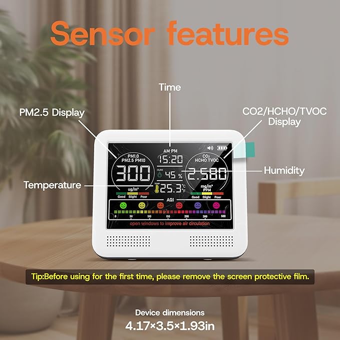 16-in-1 Indoor Air Quality Monitor with PM1.0,PM2.5,PM10,CO2,HCHO,TVOC,Temperature,Humidity,Time Display &7 AQI Alarms – Professional Air Quality Tester for Home, Office & Indoor Use (Ivory White)