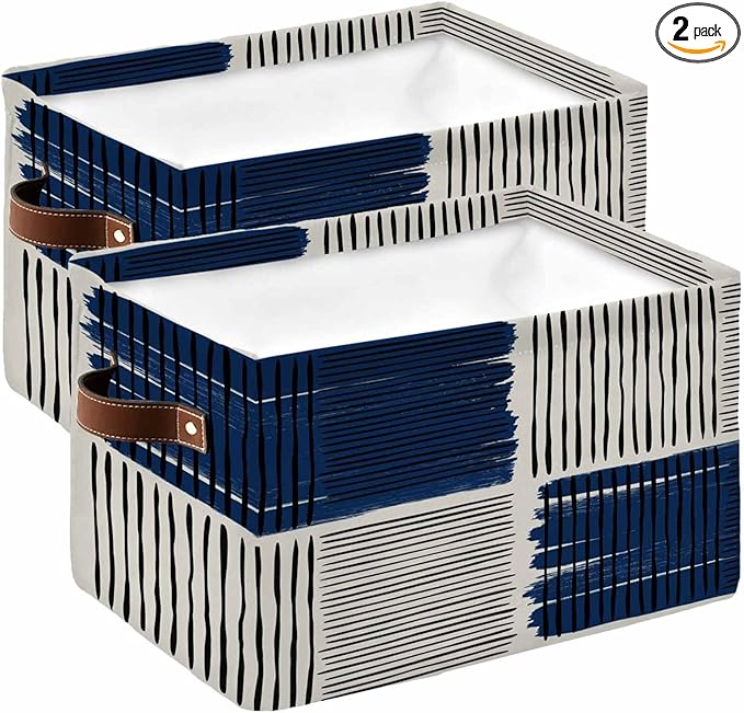Navy Blue Striped Storage Bins Cubes Waterproof Cloth Storage Basket,Farmhouse Stripes Modern Abstract Art Foldable Storage Bags for Shelf Clothes Storages Organizers with Handles 15x11x9.5 in 2PCS