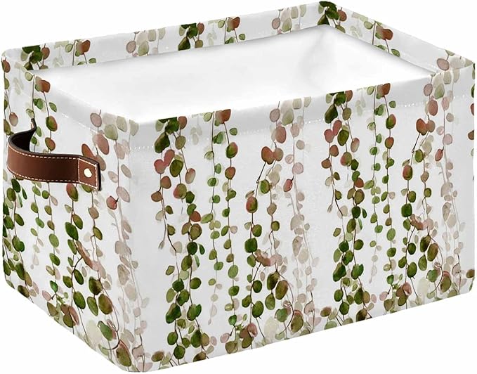 Green Pink Weeping Eucalyptus Storage Bins Cubes Waterproof Cloth Storage Basket,Spring Summer Farmhouse Leaves Foldable Storage Bags for Shelf Storages Organizers with Handles 15x11x9.5 in 1PCS