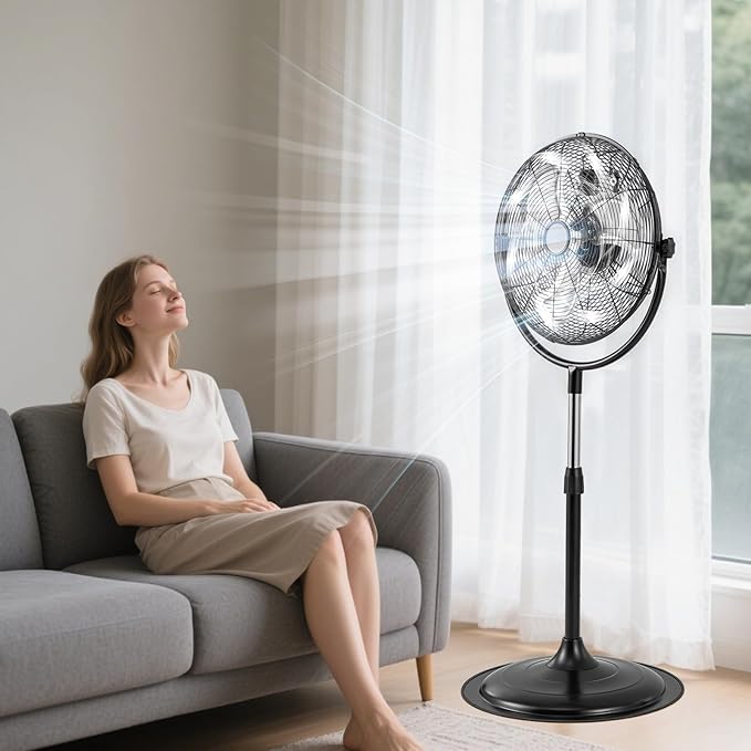 LDAILY High-Velocity Pedestal Fan, 18’’ Metal Oscillating Fan with 4012CFM Airflow, 3 Speed, 360 Degree Tilt & Adjustable Height, Black Standing Fan for Bedroom, Home, Office, Garage (18 Inch)