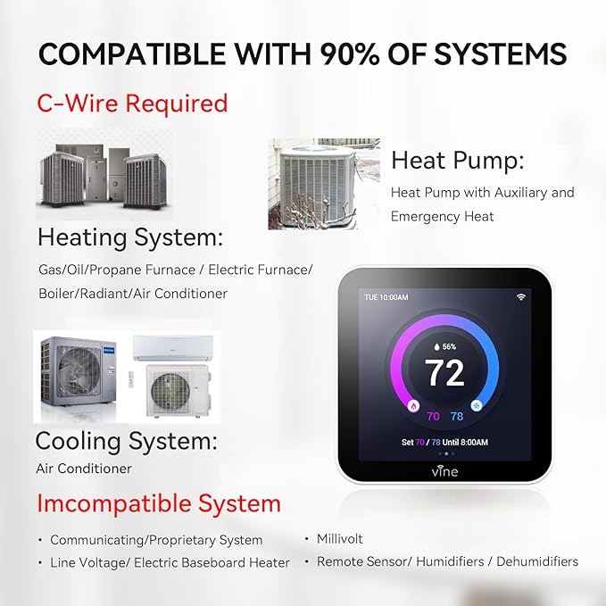 vine Smart Thermostat Larger Color Screen Thermostats for Home Heat and AC, 7 Day Programmable WiFi Thermostat App Control Compatible with Alexa and Google Assistant, C-Wire Required