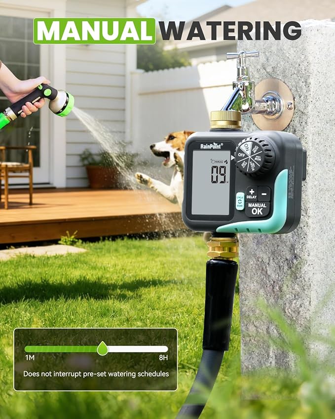 RAINPOINT Sprinkler Timer for Garden Hose - Hose Timer with Cycle & Soak/Rain Delay/Automatic Watering/Manual Watering, Programmable Irrigation System with Large Display, Brass Inlet & Outlet