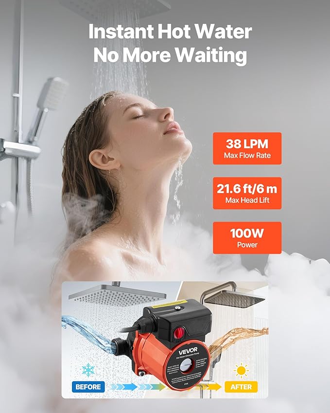 VEVOR Hot Water Recirculating Pump, 10 GPM, Instant Circulation Circulator Pump System, 3-Speed Control, 0.13 HP, 110-120V, NPT 3/4 in to NPT 1/2 in Adapter, Cast Iron Head, for Water Heater System