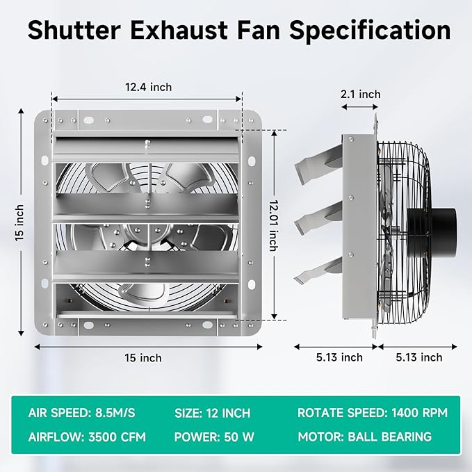 12 Inch Shutter Exhaust Fan, 5-Blade 3500 CFM Wall Vent Fan with Ball Bearing Motor, Automatic Shutter, Built-in Switch for Garage Workshop Greenhouse Ventilation