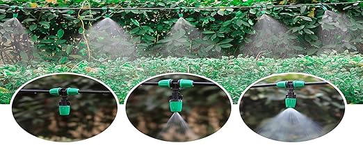 Drip Irrigation Misting Nozzle Kit, 45Pcs Drip Irrigation Parts with 20Pcs 4/7" to 1/4" Barbed Tee Connectors, 20Pcs 1/4" Green Atomizing Misting Nozzles, 5Pcs 4/7" End Caps for Garden Watering