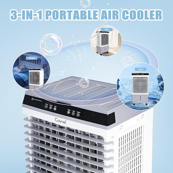 CAYNEL Evaporative Swamp Cooler with 5.3 Gallon Water Tank, Touch Screen and Remote Control, Refrigerator, 12 Hour Timer and 3 Fan Speed Settings, Cooling Tower Fan for Outdoor, Indoor, Garage