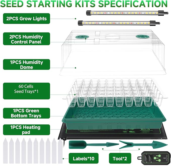 Seed Starter Tray with Grow Light and Thermostat Controller Heat Mat, 10"x 20.75" Heat Mats for Plant Growing，68-113°F Adjustable，Color Change Grow Lights，Germination Trays Kits (Green, 60 Cells)
