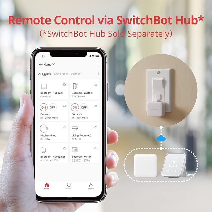 Switchbot Smart Switch Button Pusher (Bluetooth) with Hub Mini Matter – Fingerbot for Rocker Switch/One-Way Buttons, App Timer Control, No Wiring, Voice/Remote Control, White