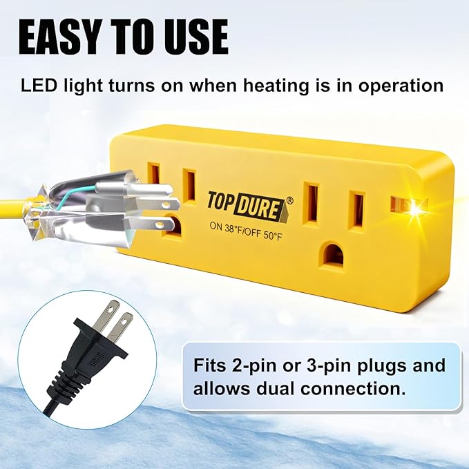 Thermostat Plug Outlet for Heat Cables, Temperature Controlled Outlet with Auto On at 38℉/Off at 50℉