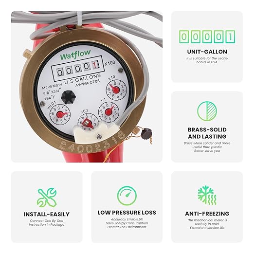 Watflow DN20 Water Meter 3/4" NPT,AWWA C708 Certification Gallon Water Flow Meter with Pulse Output, Cold and Hot Water Meter for Garden/Home/Apartment, Horizontal Install.