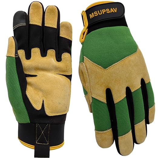Utility Outdoor Safety Work Gloves,Working Glove,Split Leahter with Padded Knuckles & Palm,Green+Yellow,Large