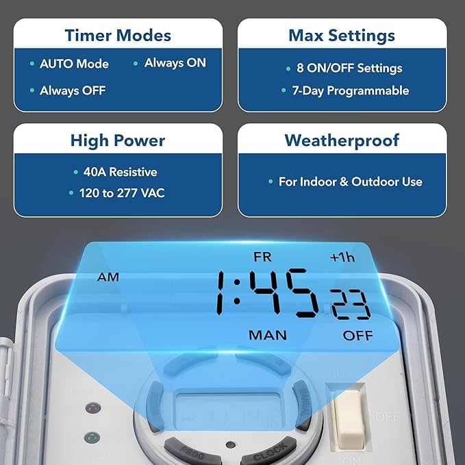 BN-LINK Pool Pump Timer Outdoor Digital Timer Box, Heavy Duty 7 Day Programmable, 2HP 40A Max, 120, 240, 277 VAC, for Pool Pump, Water Heater, Fans, SPA
