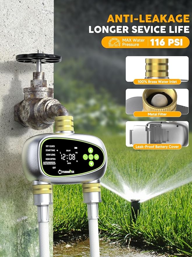 Water Timer for Garden Hose - 2 Zone Sprinkler Controller with Brass Inlet Programmable Hose Timer, Automatic Drip Irrigation System for Yard Lawn Greenhouse