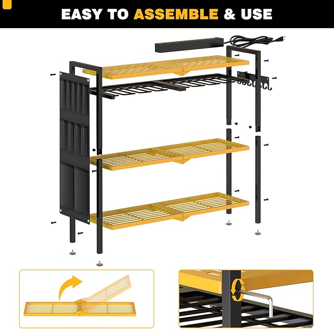NattyDot Large Power Tool Organizer Cart with Charging Station 8 Drill Holder Garage Storage Standing Heavy Duty and Stability Storage Rack Utility Tool Shelf (Yellow)