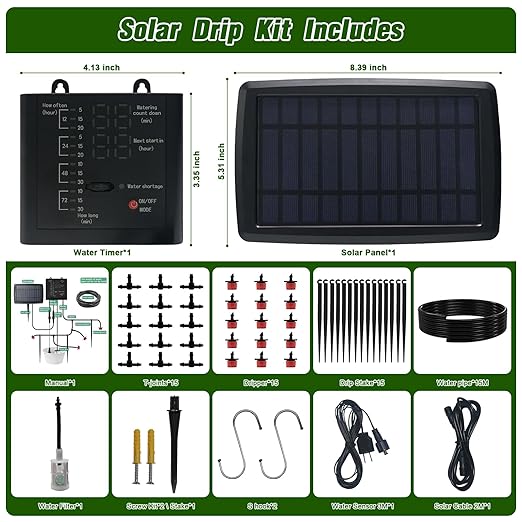 Solar Automatic Drip Irrigation Kit System, 12 Timer Settings Garden Irrigation System, Self Watering Devices for Plants, Raised Beds, Greenhouse, Travel, IP44 Waterproof (15 Pots)