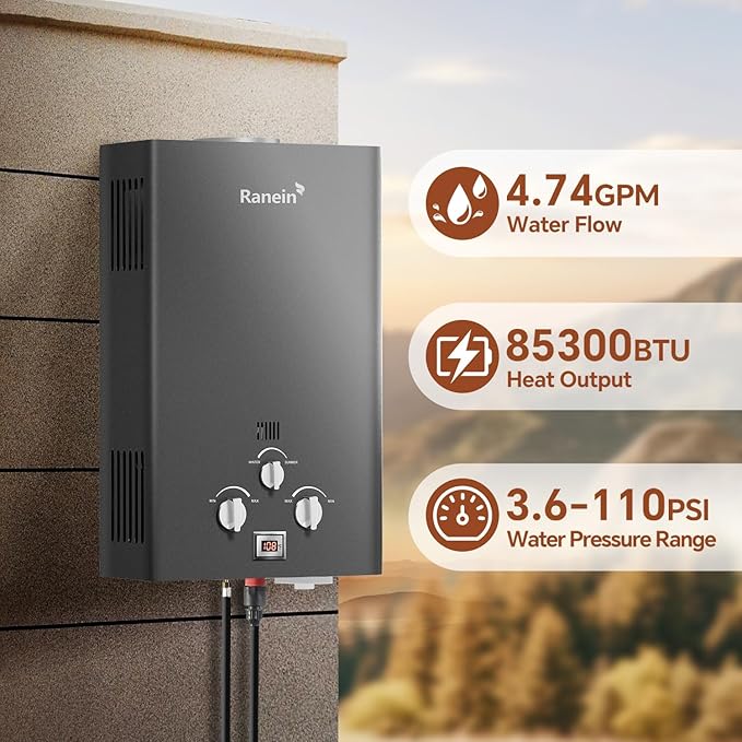 Ranein 18L Tankless Water Heater, Propane Gas, Outdoor Up to 4.74 GPM, 85,300 BTU On-Demand Instant Hot Water Heater