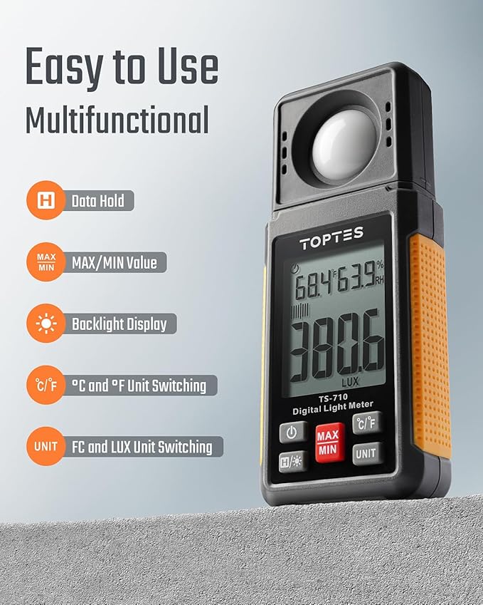 TopTes TS-710 Light Meter, Lux/Foot Candles Meter with 180º Rotating Sensor, 0.1~200,000 Lux Range, Large Backlit Display, Light Meter for Plants, Car Headlights, Home & Office LEDs (Includes Battery)