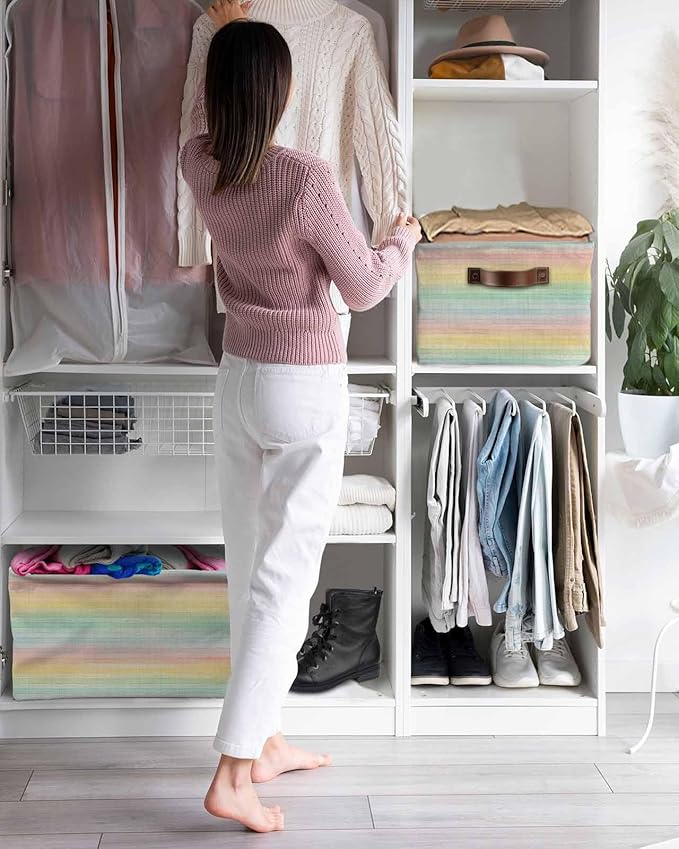 Colorful Striped Storage Bins Cubes Waterproof Cloth Storage Basket, Farmhouse Vertical Striped Burlap Rustic Foldable Storage Bags for Shelf Closet Clothes Organizers with Handles 15x11x9.5 in 2PCS