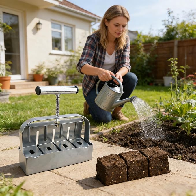 Soil Blocking Tool - Manual 4 Cell Steel Compactor, Ergonomic Non Slip Handle Block Former | 2 Inch Seed Starter Handheld Press Device, Heavy Duty Gardening Equipment for Transplanting Cutting