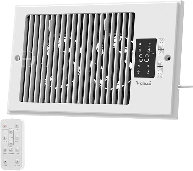 VallisCo Register Booster Fan 6" x 10" with Negative Ion, Manual Airflow Direction Control, Quiet 10-Speed Heating Cooling AC Vent Fan with Remote & Thermostat Control for Wall Floor, White