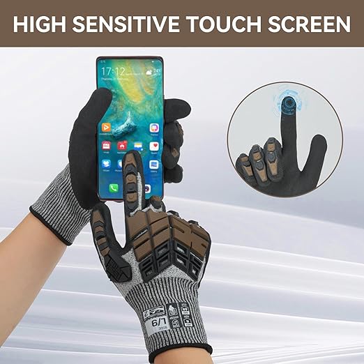 Safety Work Gloves, Impact Gloves for Men Women, Cut Resistant Non-Slip Heavy Duty Gloves with Nitrile Grip, Touch Screen Glove with Impact Protection for Mechanic Construction, Medium, Brown