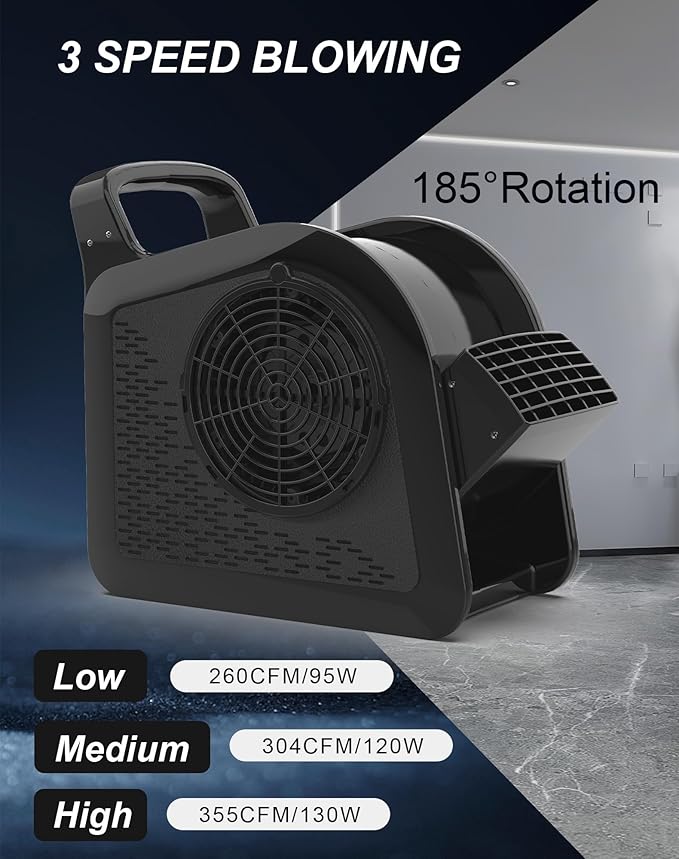 Utility Fan, 355CFM High Velocity Air Mover Floor Fan with 3 Speeds and 185° Rotation, Carpet Dryer with Removable Filter for Drying, Cooling, Ventilation for Job Site, Home Use, 12", Black