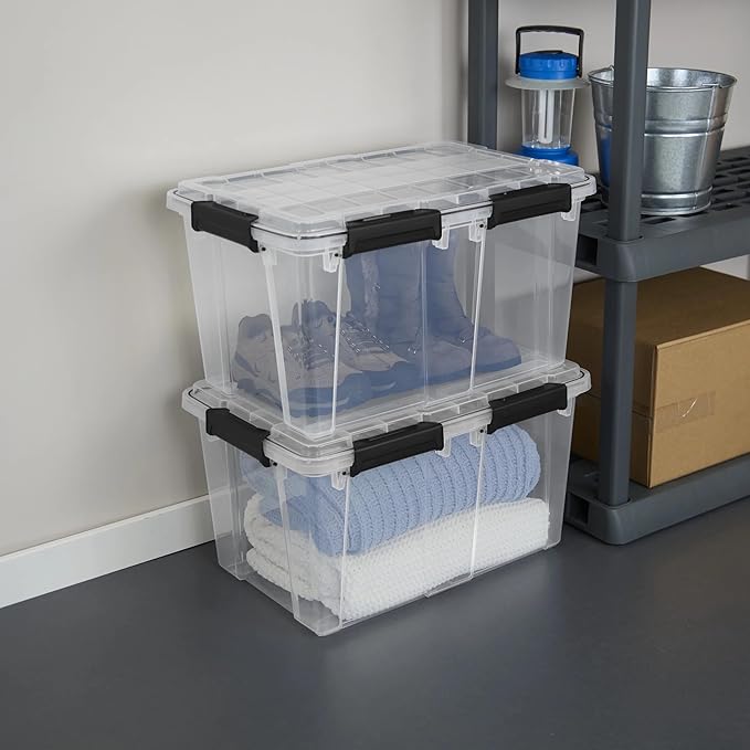 54 Quart Waterproof Clear Plastic Storage Bin with Gasket Seal & Durable Latches – Large Gasket Box for Home Organization, Black 2 Pack