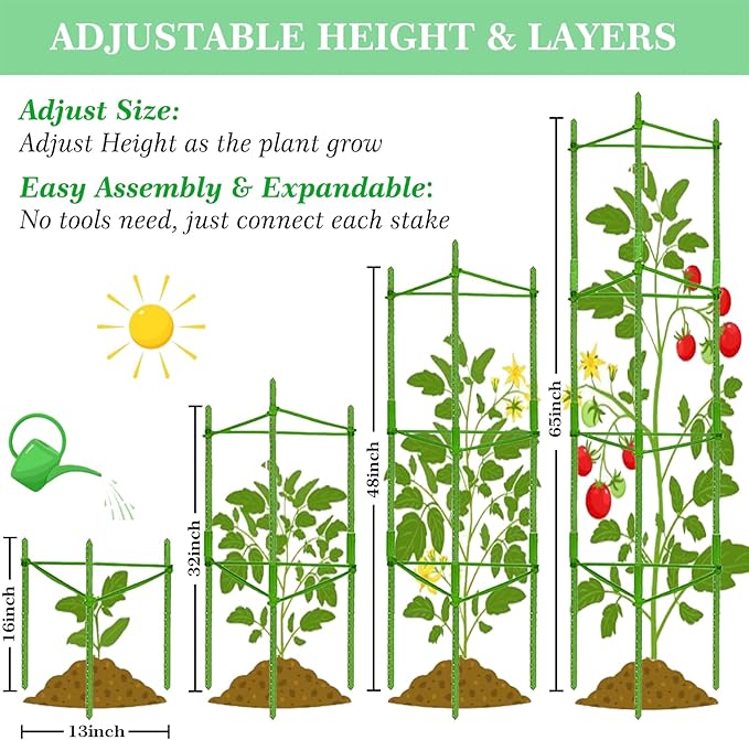 Moirsunt 66Inch Tall Tomato Cage for Garden, 4Pack Plant Support Heavy-Duty Garden Stakes, Tomato Trellis for Potted Plants, Height Adjustable Tomato Cage Trellis for Climbing Plants Flowers