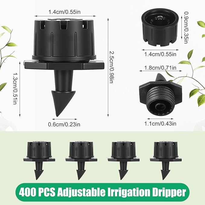 Yaocom Sprinkler Irrigation Drippers, 1/4 Inch Barbed Drip Emitter, 360 Degree Watering Adjustable Suitable Anti-Clogging Drippers for 4mm/7mm Garden Watering Tubing System(Black,400 Pcs)