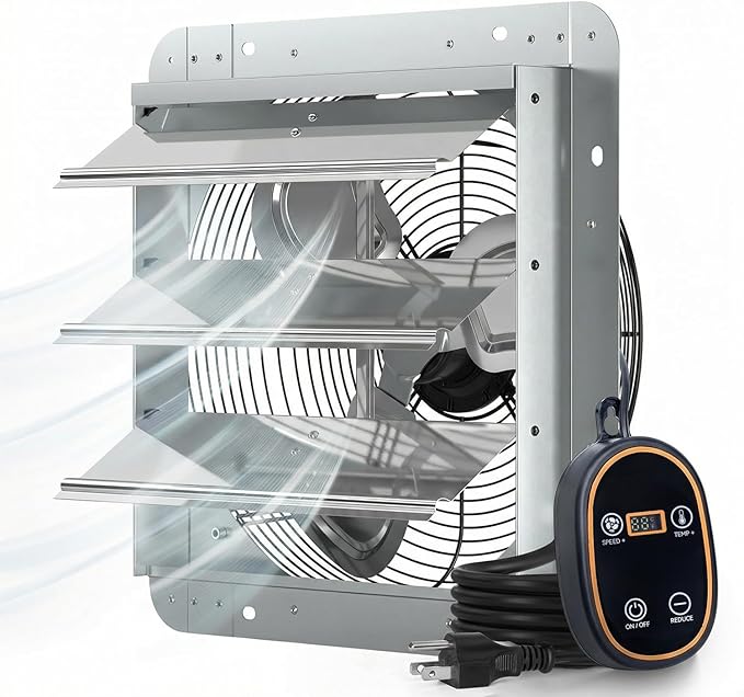 Amico 14" Smart Shutter Exhaust Fan with Thermostat & 8 Speed, 1775 CFM (Up to 2500 Sq.Ft), 35W Premium EC Motor, Wall Mount Garage/Attic/Greenhouse/Shed Vent Fan, Plug & Play, FCC