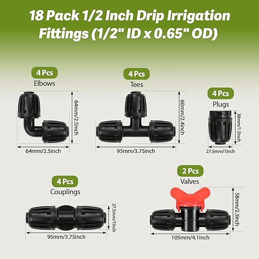 18 Pack 1/2 Inch Drip Irrigation Fittings Kit (1/2" ID x 0.6-0.65" OD), 1/2'' Dripline Barbed Connectors with Anti-Drop Lock Nuts - 4 Tees, 4 Couplings, 4 Ends, 4 Elbows, 2 Valves