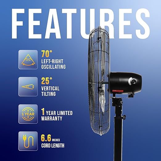 Tornado 24 Inch High Velocity Oscillating Metal Pedestal Fan Commercial, Industrial Use 3 Speed 7600 CFM 1/4 HP 6.6 FT Cord UL Safety Listed