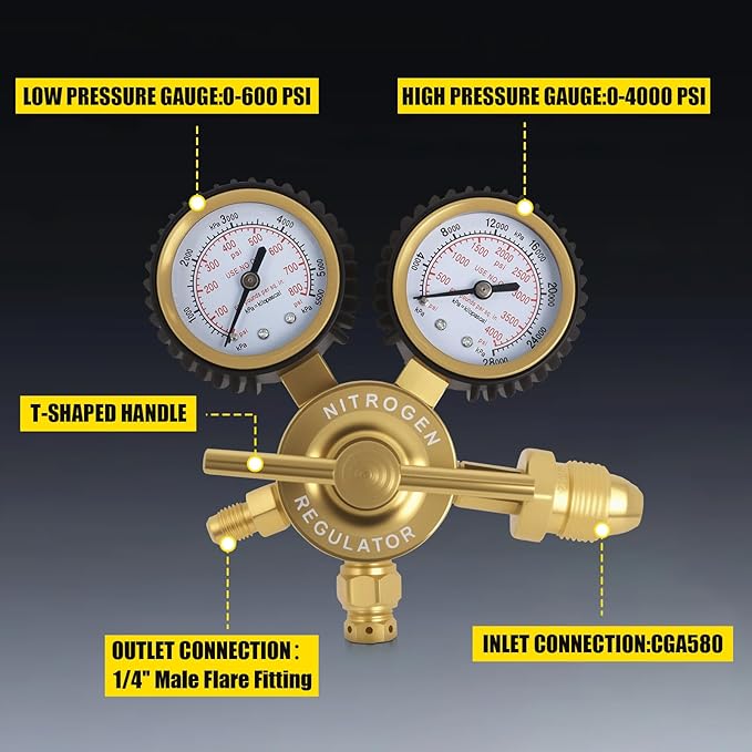 Nitrogen Regulator 0–800 PSI CGA580 with Dual Gauges & 60" Reinforced Hose, 1/4" Male Flare Outlet – Solid Brass Nitrogen Tank Pressure Regulator for HVAC Purging, Leak Testing & Charging Systems