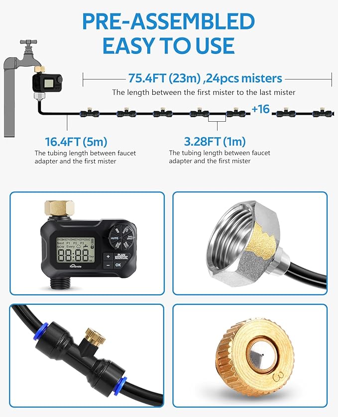 homenote Automatic Misting Cooling System with Timer, 91.8FT Misting Line, 24 Brass Nozzles, and 3/4" Brass Adapter for Patio Cooling and Garden Watering