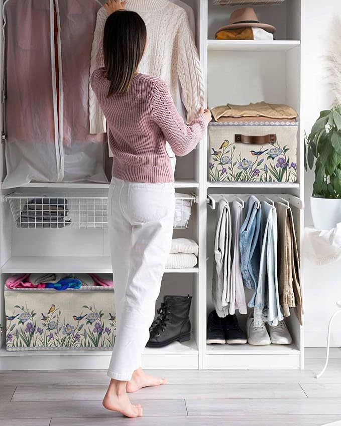 Spring Flowers Storage Bins Cubes Waterproof Cloth Storage Basket,Vintage Floral Leaves Birds Farmhouse Plaid Foldable Storage Bags for Shelf Clothes Storages Organizers with Handles 15x11x9.5 in 1PCS
