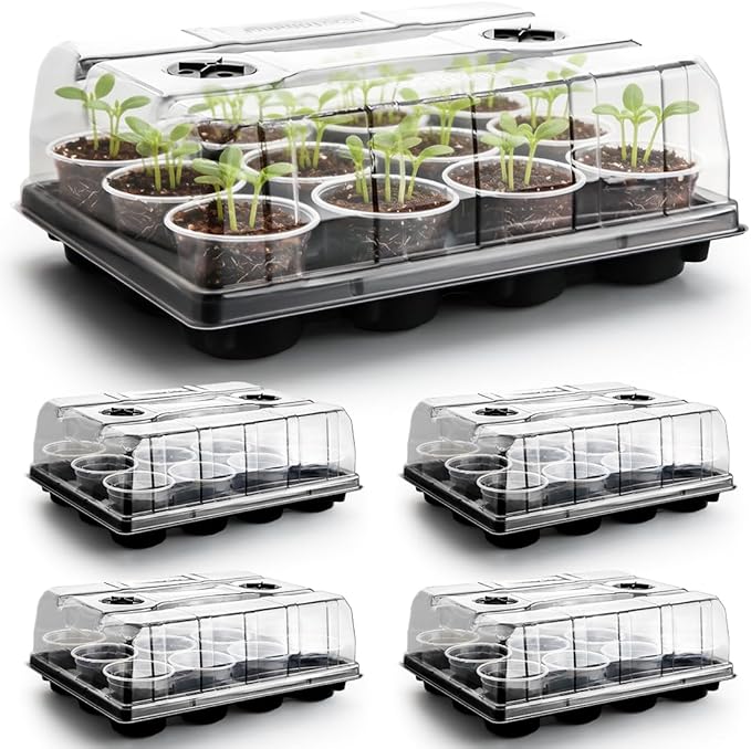 RooTrimmer 5 Pack 12 Cell Nursery Pot Trays with Adjustable Humidity Domes & 4 Inch Clear Pots 60 Pack, Sturdy Seed Starting Kit for Greenhouse Garden, Reusable Plant Growing Germination 5 Sets