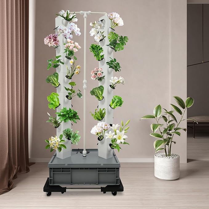 56-Plant Hydroponic Tower Growing System Indoor Outdoor, Garden Vertical Planter Germination Kit with Pump & Wheels, Hydroponics Growing Tower, Smart Vertical Hydroponic Garden Towers, Grey Base