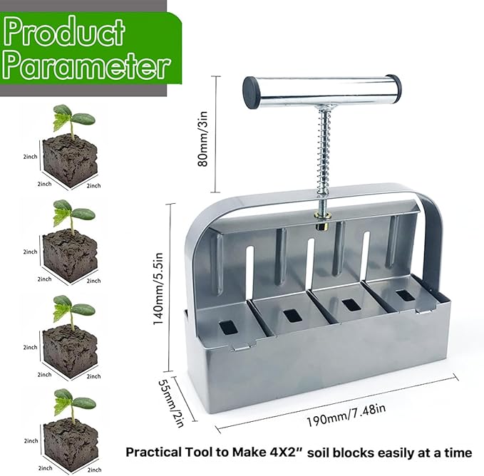 Soil Blocking Tool - Manual 4 Cell Steel Compactor, Ergonomic Non Slip Handle Block Former | 2 Inch Seed Starter Handheld Press Device, Heavy Duty Gardening Equipment for Transplanting Cutting