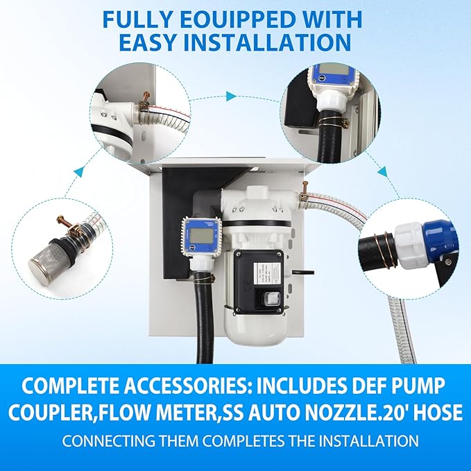 DEF Pump Kit - 110 Volt Diesel Exhaust Fluid System With Totes, Drums, and Wall Mounts, Flow Meter, Coupler, SS Auto Nozzle, 20' Hose
