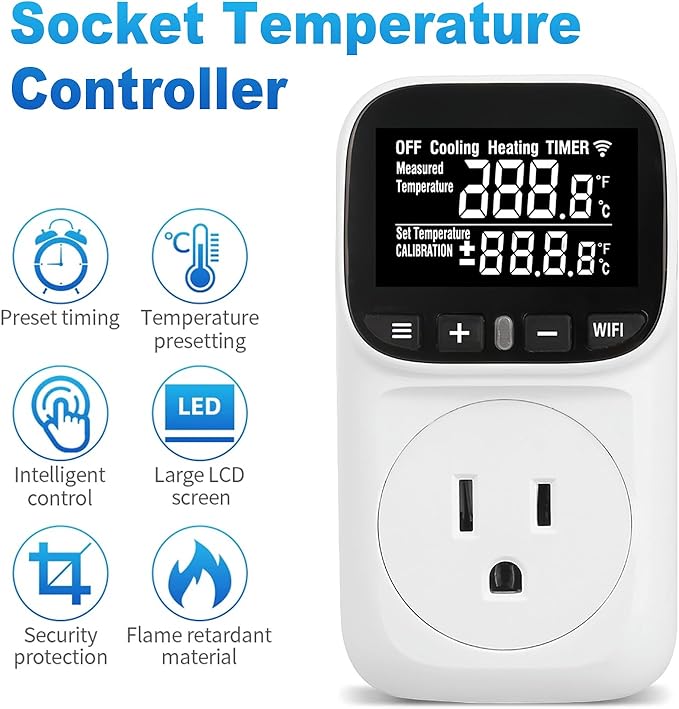 WiFi Digital Temperature Controller, Plug in Thermostat Outlet with Duration Timer & Smart Memory, -40℉~212℉, 16A/1800W, IP67 Waterproof Probe for Incubator, Homebrew, Reptile.