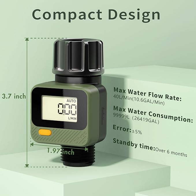 Diivoo Water Flow Meter with 180° Removable Panel, 4 Measure Modes, ±5% High Accuracy and IP54, Measure Gallon/Liter Consumption and Flow Rate for Garden Hose Watering, RV Water Tank Filling 2 Pack