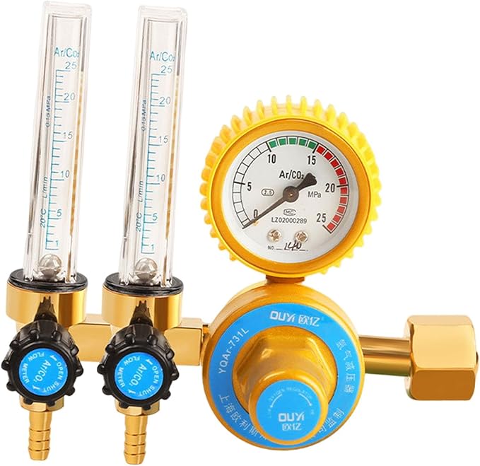 Amagogo Regulator Welder Argon CO2 Regulator Meter Pressure Gauge Aluminum Alloy Gas Regulator Welders Flowmeter Suitable for Chemical Electronics MIG We, double