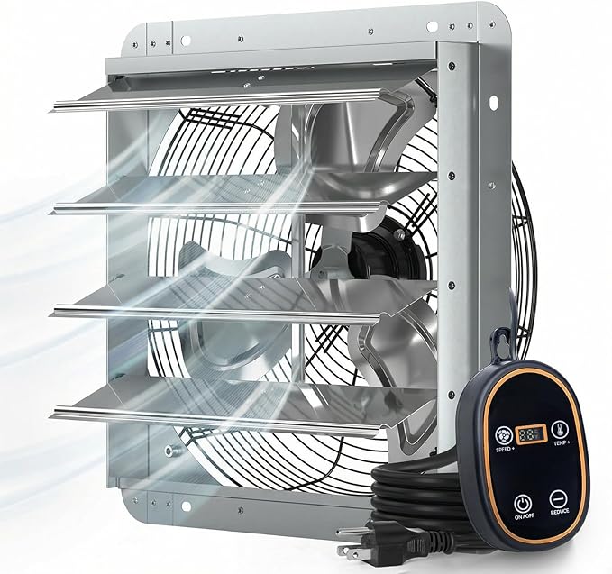 Amico 16" Smart Shutter Exhaust Fan with Thermostat & 8 Speed, 2128 CFM (Up to 3000 Sq.Ft), 68W Premium EC Motor, Wall Mount Garage/Attic/Greenhouse/Warehouse Vent Fan, Plug & Play, FCC