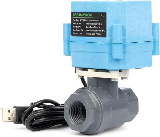 U.S. Solid WiFi Smart Motorized Ball Valve 1/2 inch NPT for Water Control & Irrigation, 2 Way PVC Electric Valve, USB Powered, LED Status Indicator, Flow Direction Window, Remote On/Off Control