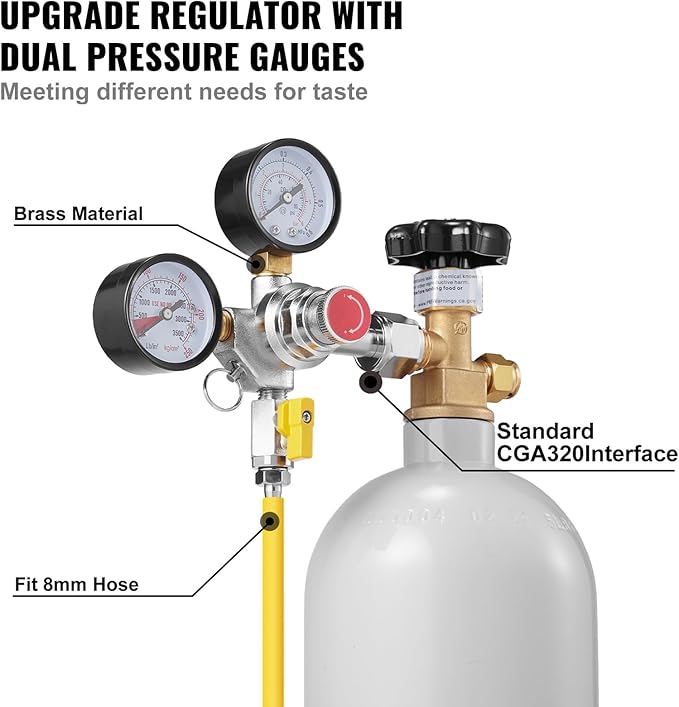 VEVOR Double Gauge Regulator, CO2 Regulator Gauge with 0-60PSI, Heavy Duty CO2 Gauge Gas System, Draft Beer Regulator with Check Valve, Adjustable Pressure Regulator for Draft Beer Homebrew, CGA320