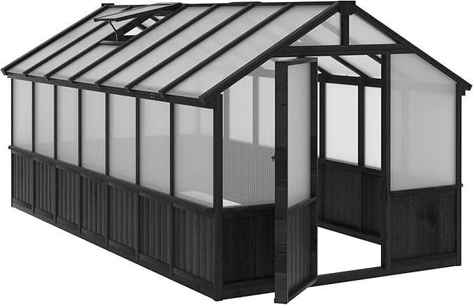Yardenaler 8x14 FT Outdoor Greenhouse Kit, Wooden Greenhouses for Outdoors Walk-in Green House with 6MM Thick Polycarbonate Panel & Adjustable Roof Vents, Backyard Garden, Black