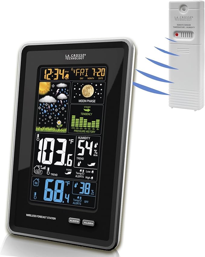 La Crosse Technology 308-1425B-INT Vertical Wireless Color Weather Station with Pressure, Black